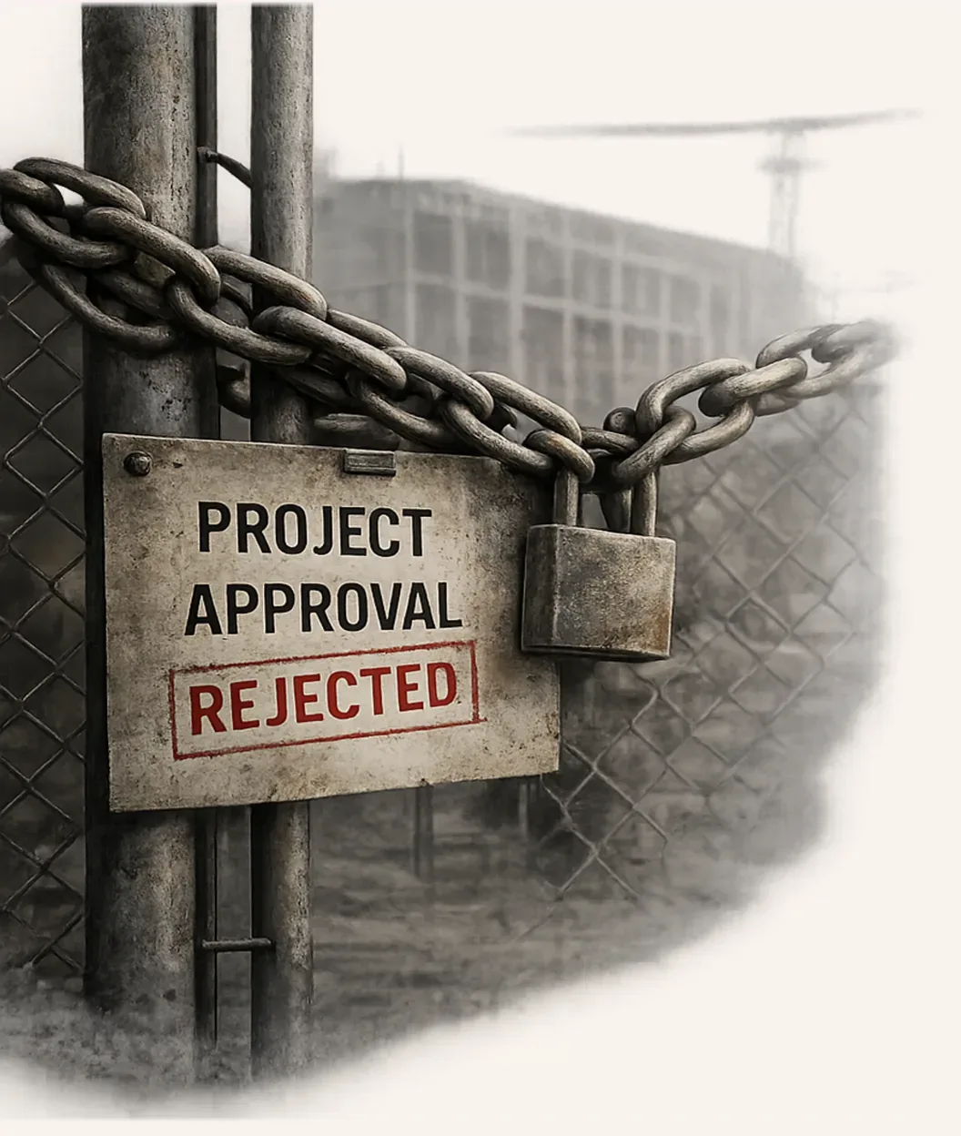 Illustration: a construction site gate chained shut, with a weathered sign reading “Project approval — REJECTED”.
