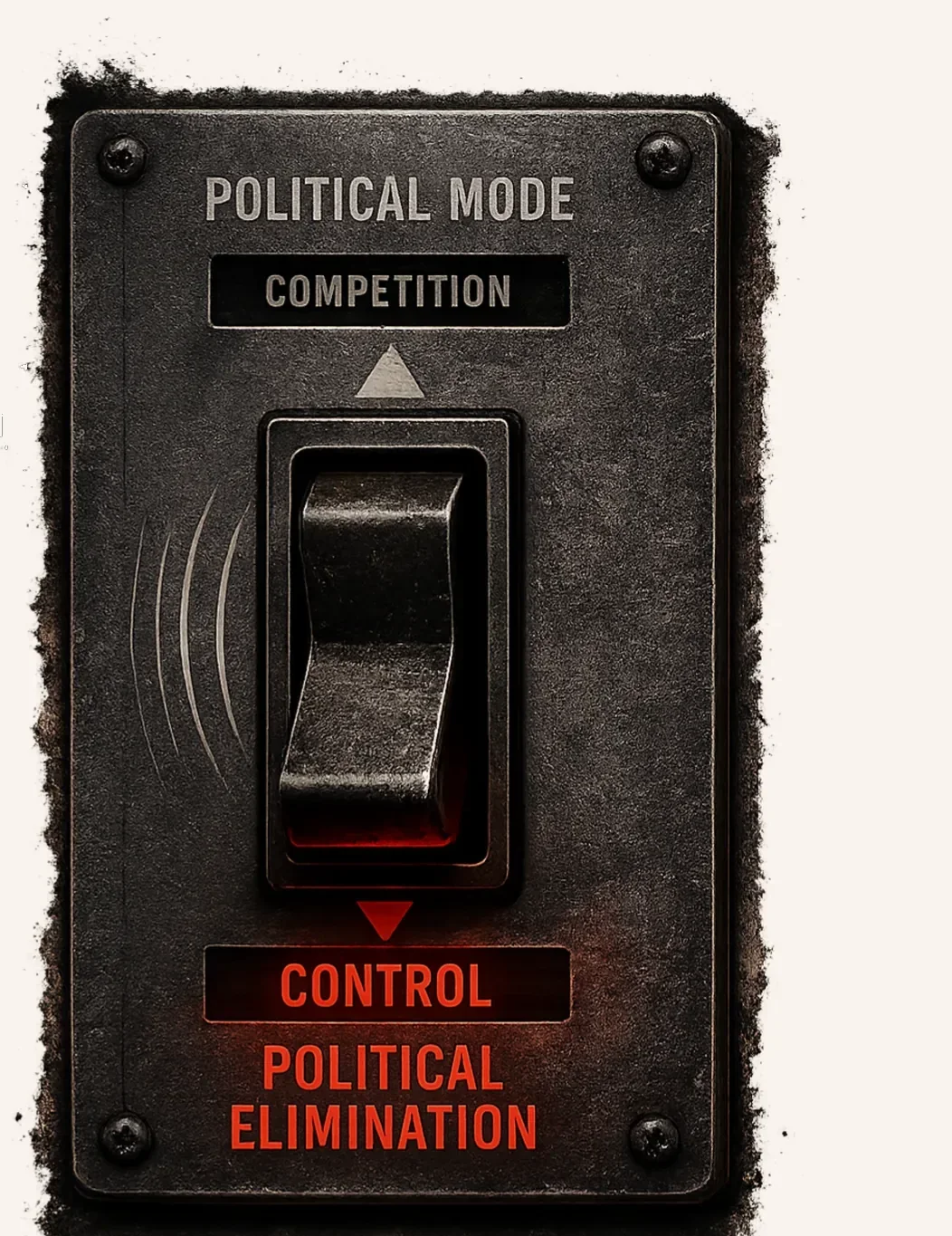 Illustration: an industrial toggle switch labeled “Political mode” flipped from “Competition” down to “Control — political elimination”.