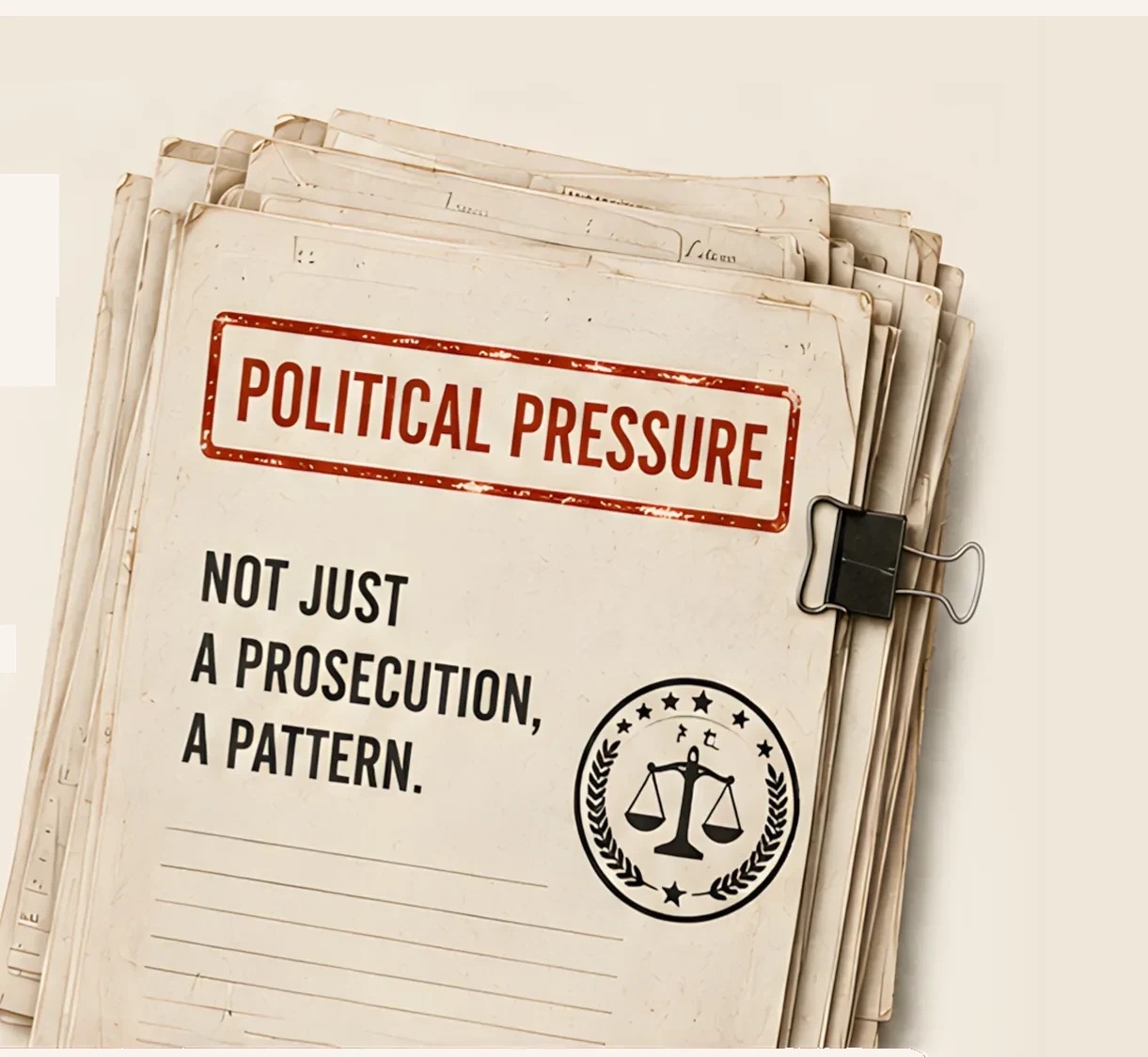 Illustration: a thick stack of case files stamped “POLITICAL PRESSURE”, annotated “Not just a prosecution, a pattern.”