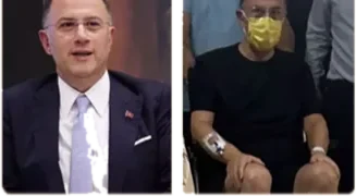 Two photos of Murat Çalık: in good health before detention, and visibly thinner, wearing a mask, after.