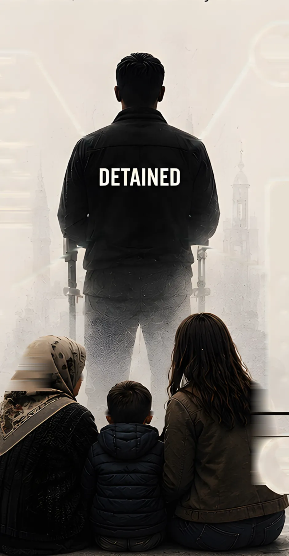 Illustration: a man in a jacket marked “DETAINED” stands behind bars of fog; in front of him, his mother, wife and child sit facing him with their backs turned to us.