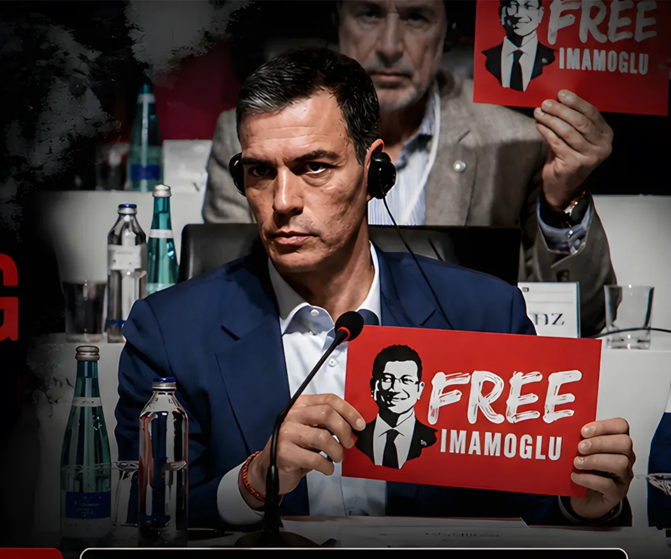 Pedro Sánchez holds up a red “Free İmamoğlu” placard at a conference table; behind him a delegate holds another placard.